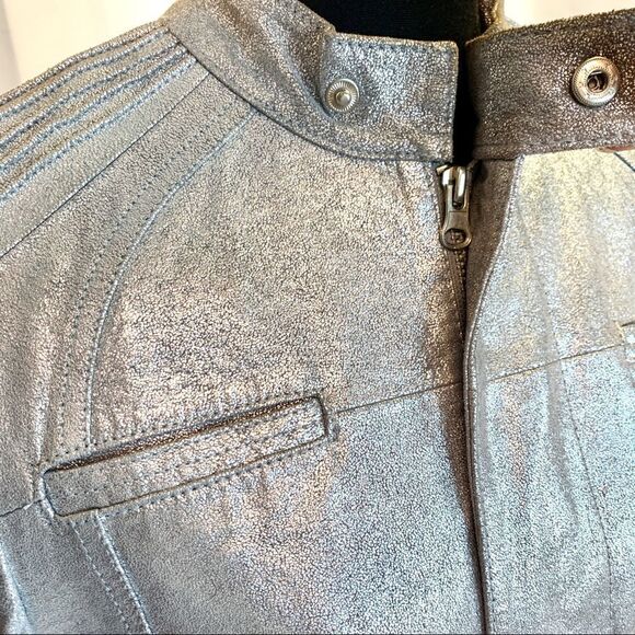 Bebe metallic silver crackled Leather Moto jacket Sz M - Picture 9 of 16
